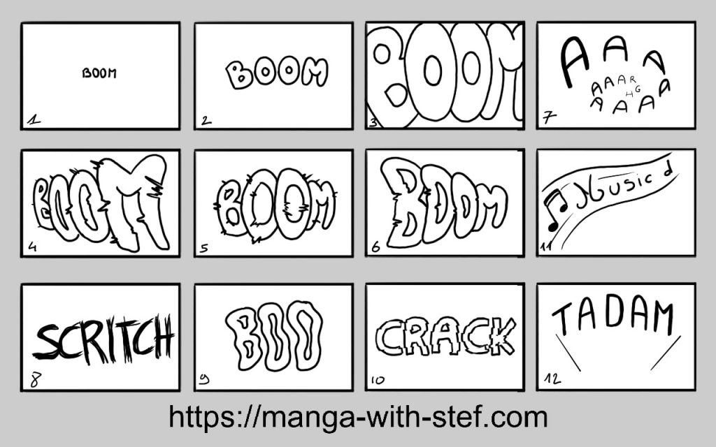 Different onomatopoeias showing different sound effects and sound movement.